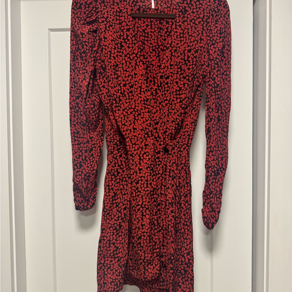 Free People Red and Black Floral Tie Front Wrap Mini Dress